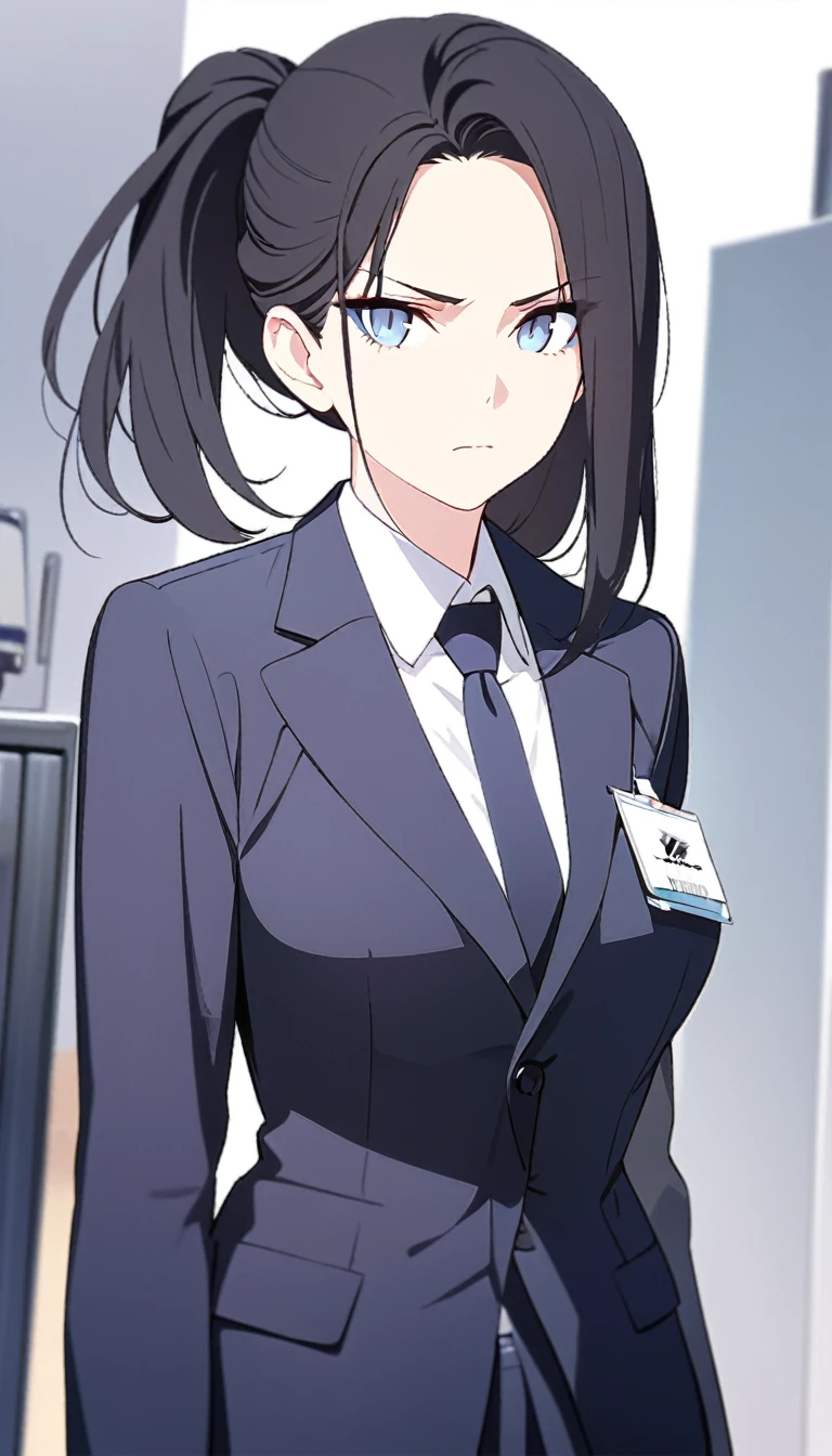 (masterpiece, high quality, best quality, highres,) One Woman, young, black hair, ponytail, Blue Eyes, Athletic build, serious, closed mouth, shirt, office staff suit, Simple, white background, standing, cowboy shot, (shoot from front),