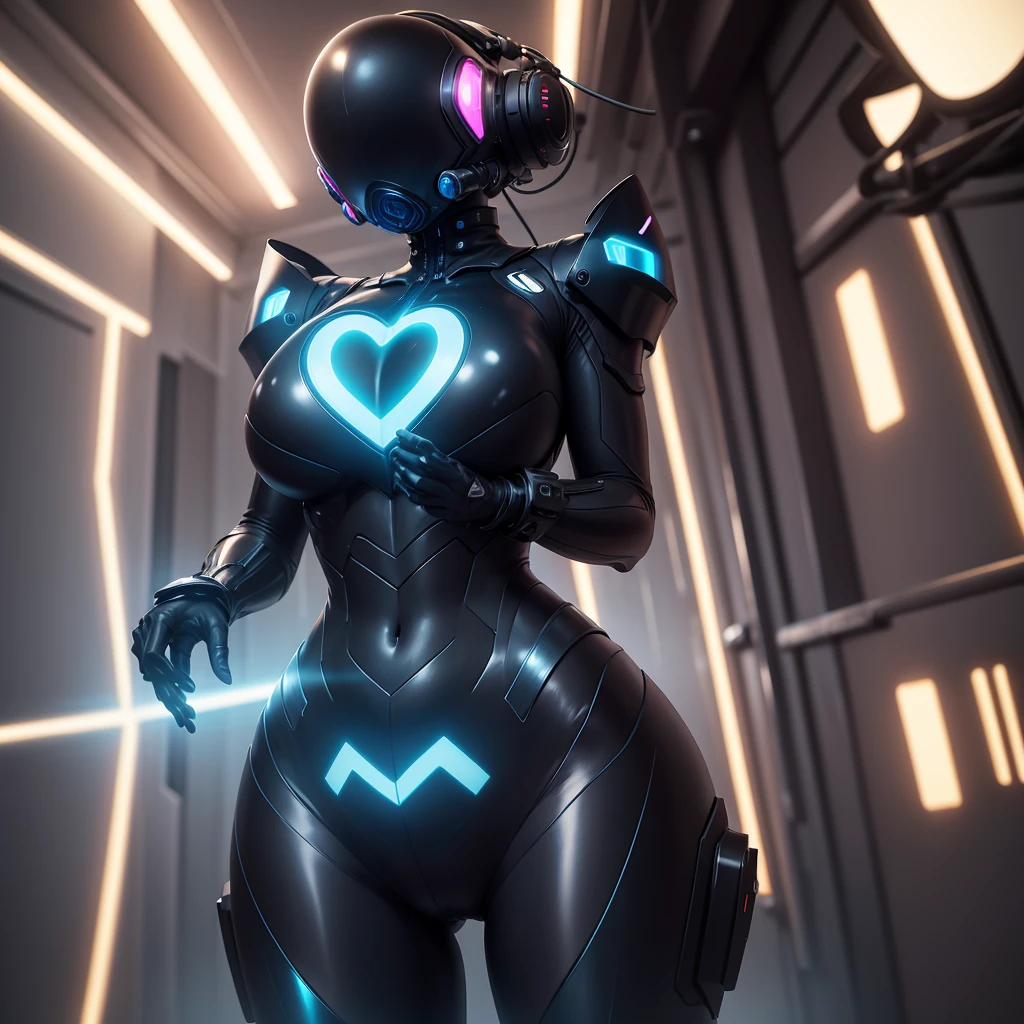 Dronificated unknown woman in a fully enclosed black latex fullbody suit with blue lights across the suit and heart shaped glowing core in the chest, fully enclosed cyber helmet that cover her whole face and hides her identity with only two glowing blue lines in it's otherwise, empty black face, huge breast, narrow waist, wide hips and thick thigs in a storage, no face, no hair, no mouth, no eyes