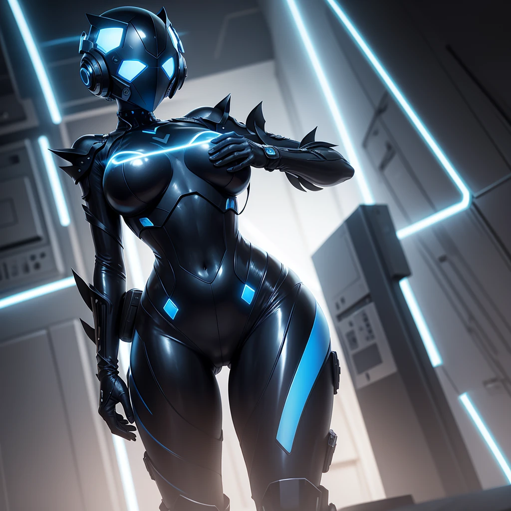 Dronificated unknown woman in a fully enclosed black latex fullbody suit with blue lights across the suit and heart shaped glowing core in the chest, fully enclosed cyber helmet that cover her whole face and hides her identity with only two glowing blue lines in it's otherwise, empty black face, huge breast, narrow waist, wide hips and thick thigs in a storage, no face, no hair, no mouth, no eyes