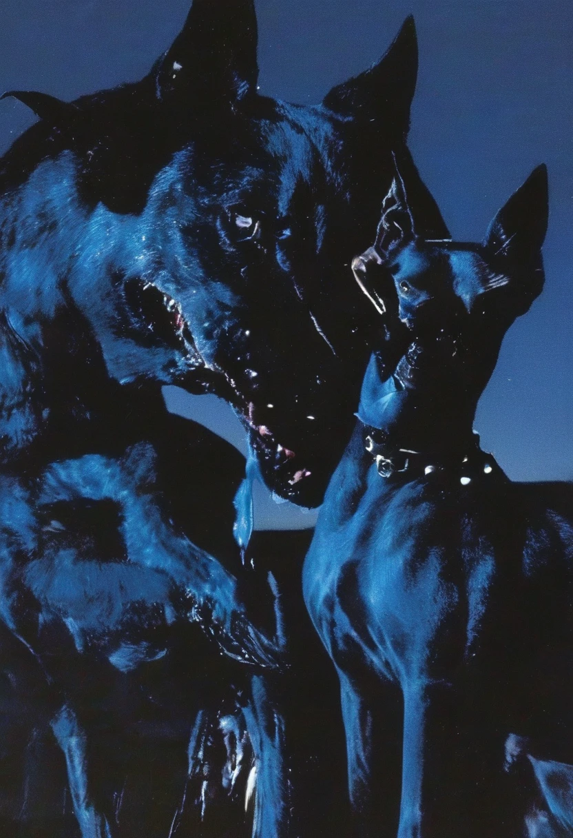 lovecraftian dog and cat in darkness at night, blue background