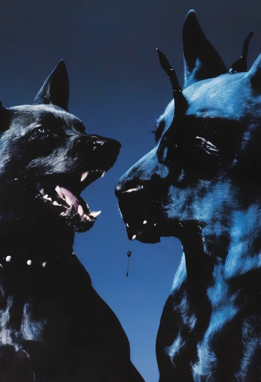 lovecraftian dog and cat in darkness at night, blue background