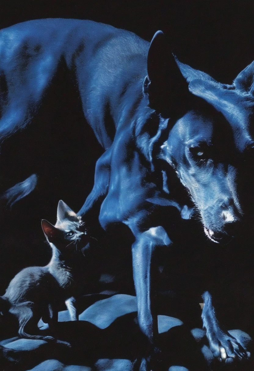dog and cat in darkness at night, blue background