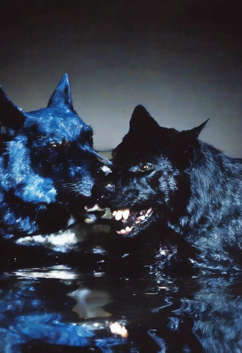 dog and cat in darkness at night, blue background