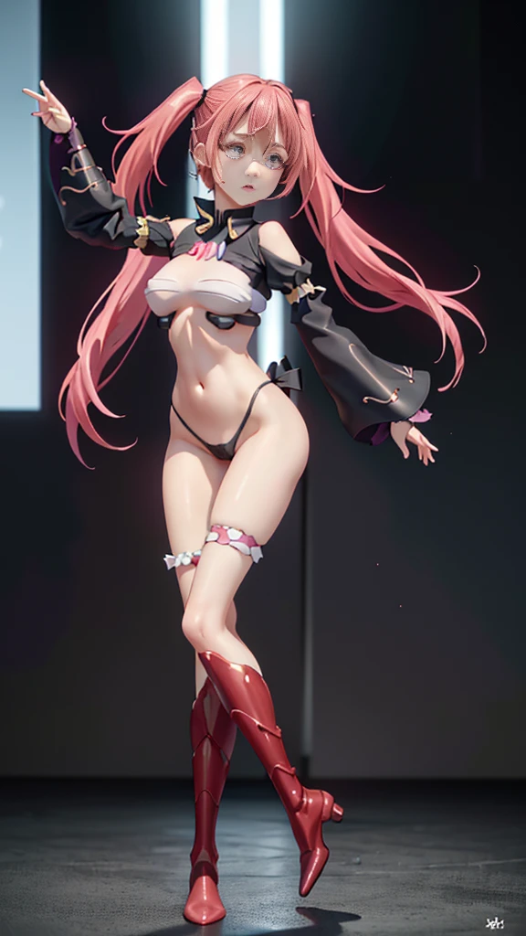 Masterpiece、最high quality、high quality、High definition、High resolution、High detail、Lens flare、Ray Tracing、high qualityなテクスチャー、high qualityな影、Beautiful details、Detailed explanation、Detailed texture、Realistic facial expression、Realistic and colorful、Delicate、Cinematic Light、Side light、Sharp Focus、(1 Female:1.3)、(Intricate details、Makeup、Pure Eros Face_v1:0.5)、(Details Beautiful delicate face、Detailed beautiful delicate eyes、Perfect Facial Proportions、Detailed skin、Charm)、Fancy Twin Tails、Beautiful bangs、(Pink hair and two-tone gradient hair）、slender、(Large upward-facing breasts)、(Detailed crotch、V-Cut、High Leg、Thong)、Thighs、Removing the Sleeve、boots、Provocative attitude、Release your knees、Leg spread、Raise your arms、Low-angle composition、(Take a deep breath、Work on this image step by step)
