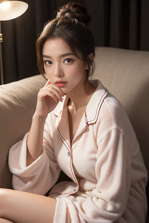 highest quality、4K、Perfect Face、Perfect Style、perfect body、Sunburn、beautiful lady、mature、long curly layer brown hair、Swept-back hair、full body, sexy 、charming、healthy、of the highest quality、8K、Photorealsitic:1.4、Raw photography、超A high resolution:1.4、Top image quality: 1.4、absurderes, master piece, Ultra-detailed、A hyper-realistic,1girl in 、Solo、japanaese girl、(((Sareme)))、perfect anatomia、Correct fingers、in night、Sitting alone on the sofa in the living room、Sleepily sipping tea in towel material border pajamas、Looking at Viewer、hair in bun、head shot、Bulb light from above、