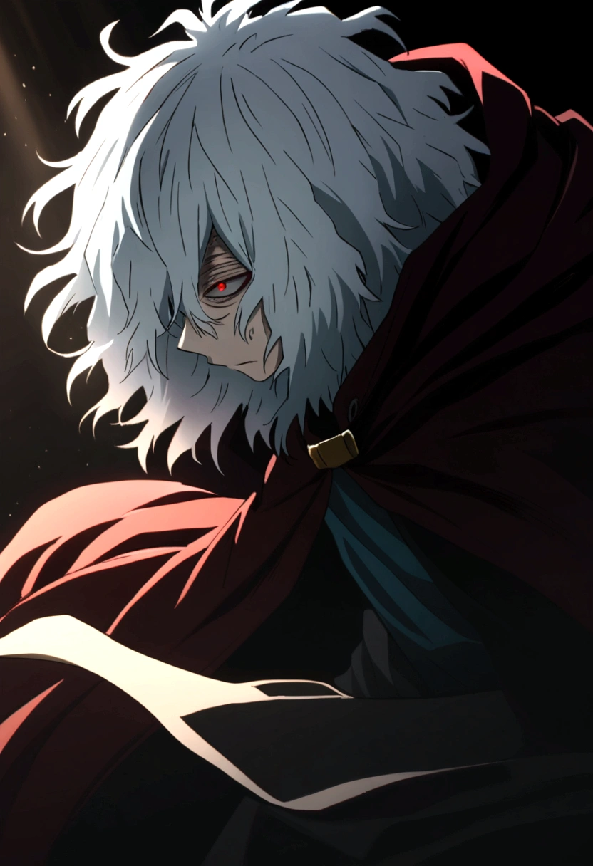 tomura_shigaraki, white hair, red eyes, long hair, messy hair, cloak, cape