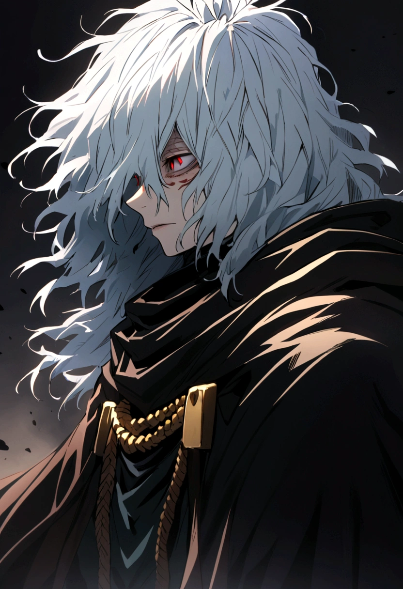 tomura_shigaraki, white hair, red eyes, long hair, messy hair, cloak, cape