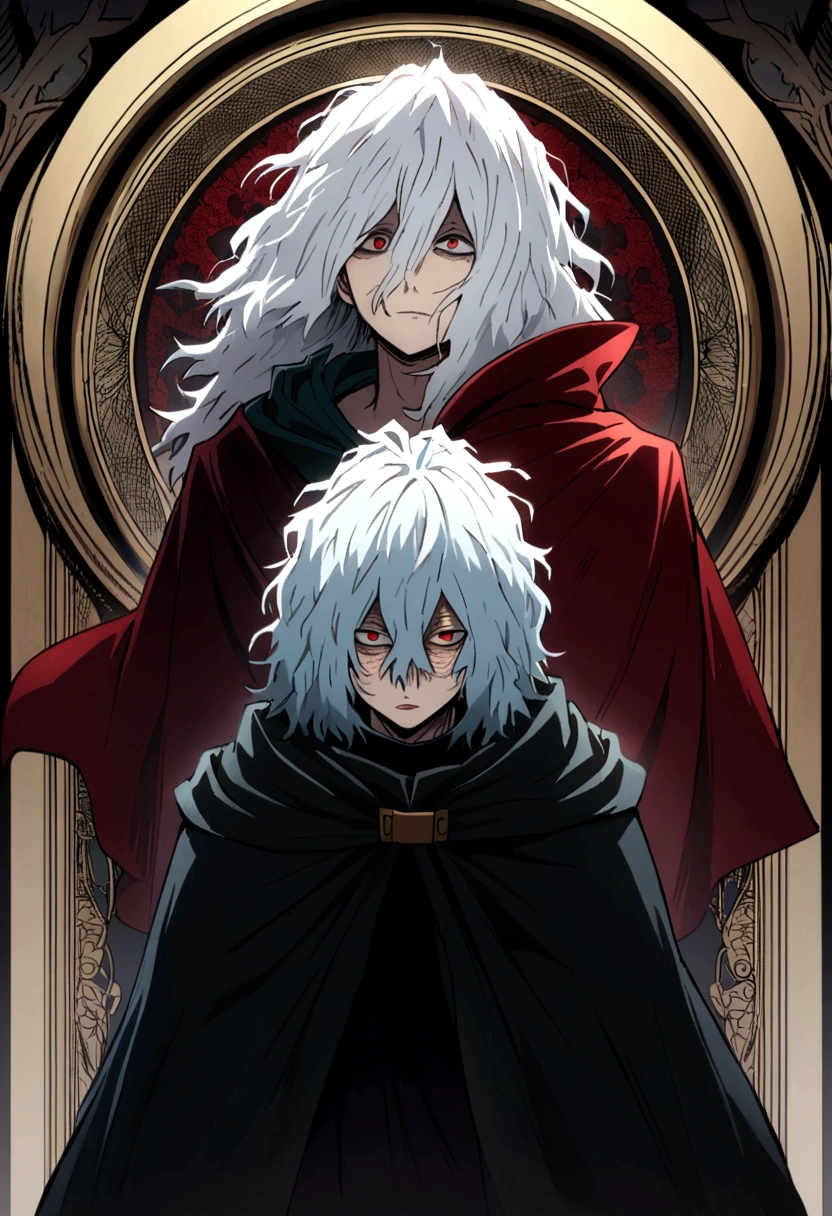 tomura_shigaraki, white hair, red eyes, long hair, messy hair, cloak, cape