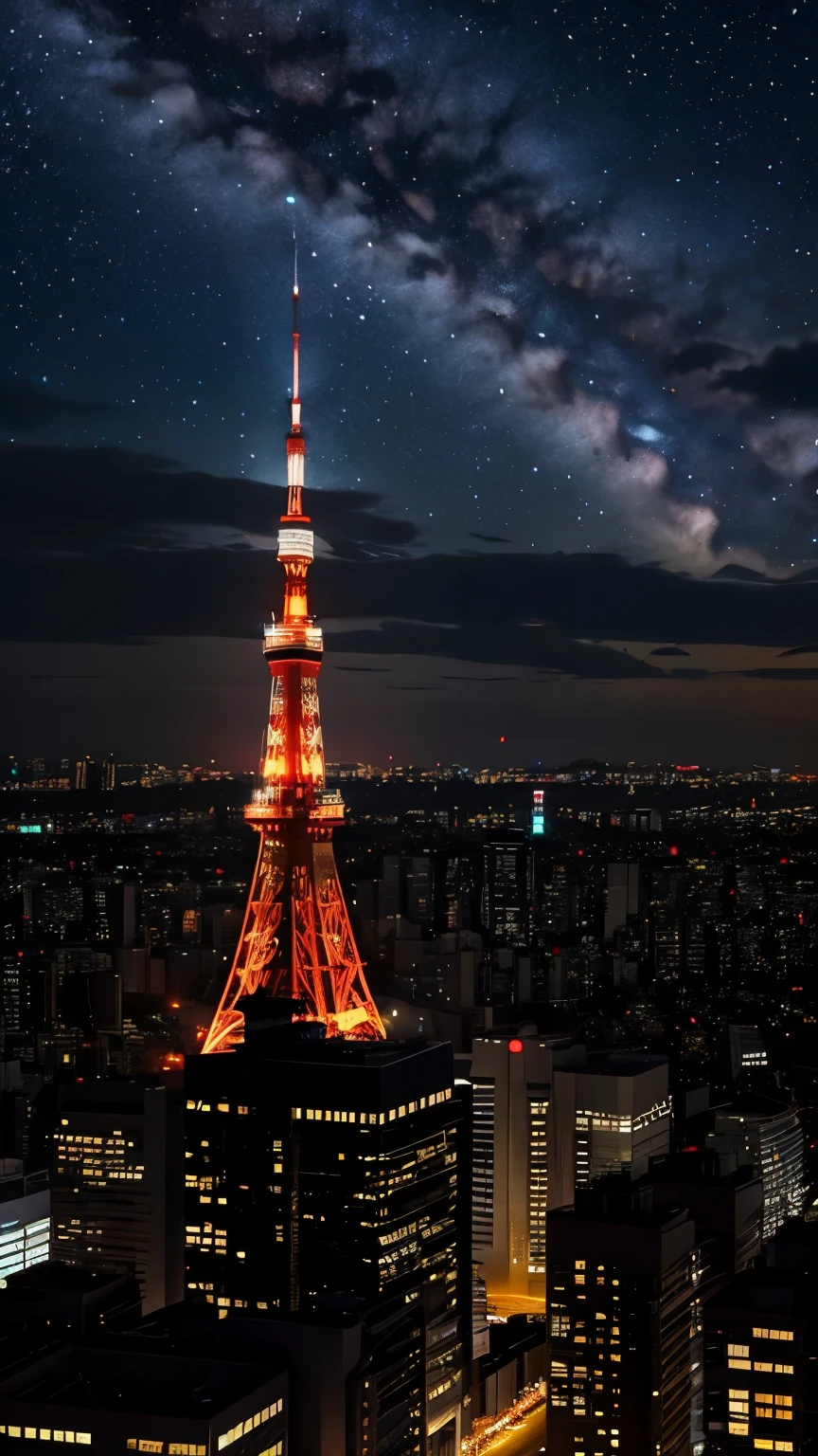 Lots of starry sky、shooting star、Tokyo Tower shines beautifully at night。Tokyo Tower is illuminated with orange light、The light shines in the night sky。There are many high-rise buildings around、The city&#39;s night view spreads out。The structure of the tower is depicted in detail.、The light is visible from afar。You can feel the quiet of the night and the hustle and bustle of the city at the same time.、