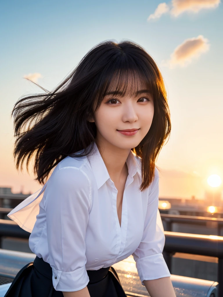 (Highest quality,masterpiece:1.3,Ultra-high resolution),(Very detailed,Caustics,8k),(Realistic:1.4,RAW shooting),Japanese,23 years old,cute,Are standing,(I'm looking at the camera with a smile on my face),Black hair medium hair,Big Breasts,White blouse,Knee-length skirt,Strong winds,Hair blowing in the wind,rooftop,Backlight,sunset,sunset sky,Bust up shot,(Face Focus),(Face close-up),Low position,Low Angle,Natural light