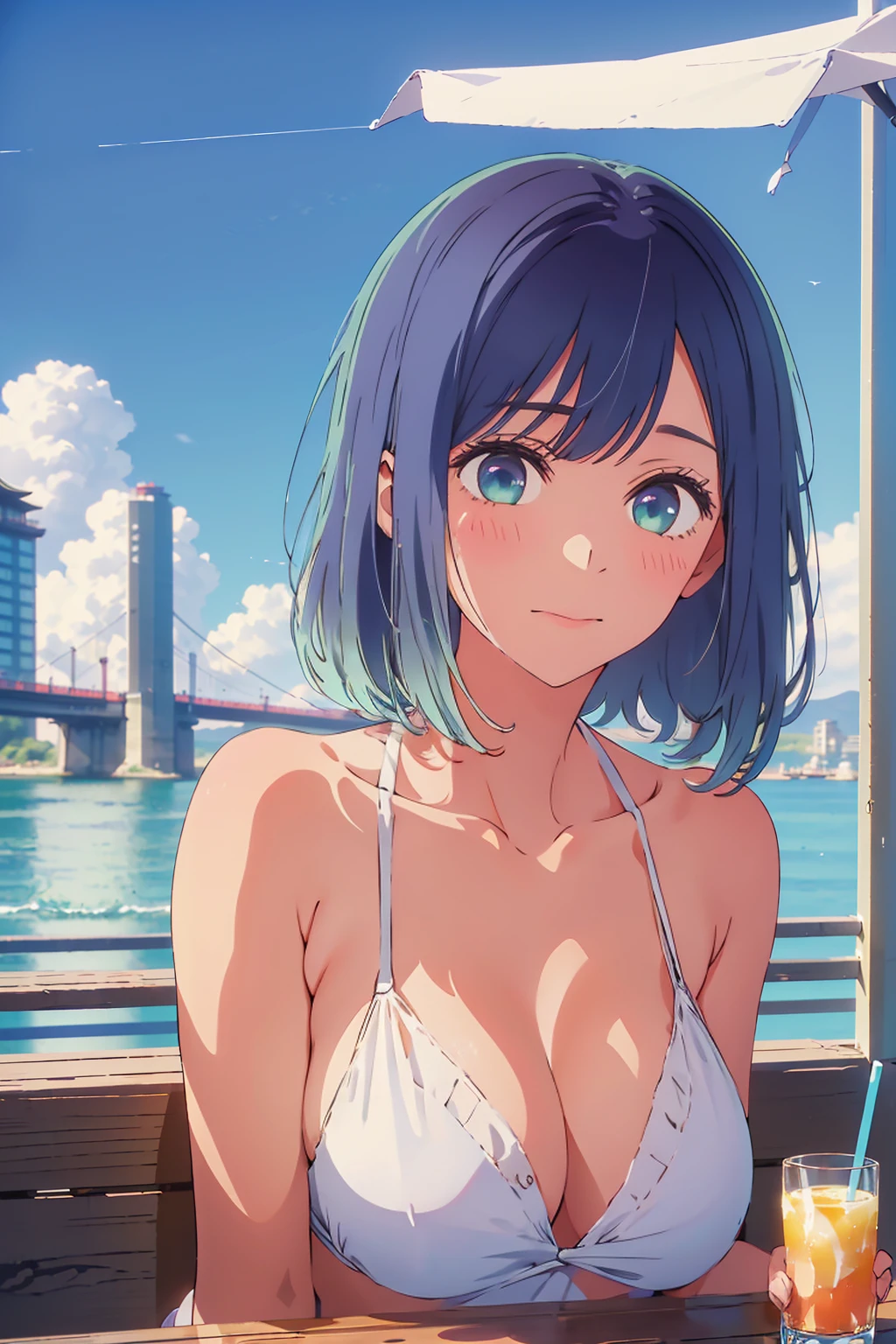 Highest quality,8k,detailed,F cup bust、Big Breasts、Very cute face、Slim and beautiful arms、Slim body、Very white beautiful skin、((((1 person、looking at the camera、smile、Thin white bikini、smile、sit、In the background are the urban buildings of Tokyo、Outdoor café terrace、Drink juice、Cheek resting on hand、coastal、table、Shooting from a distance))))、I can see the deep blue sky、She tilted her head slightly、The atmosphere is bright and lively、The woman is at the center of the image。