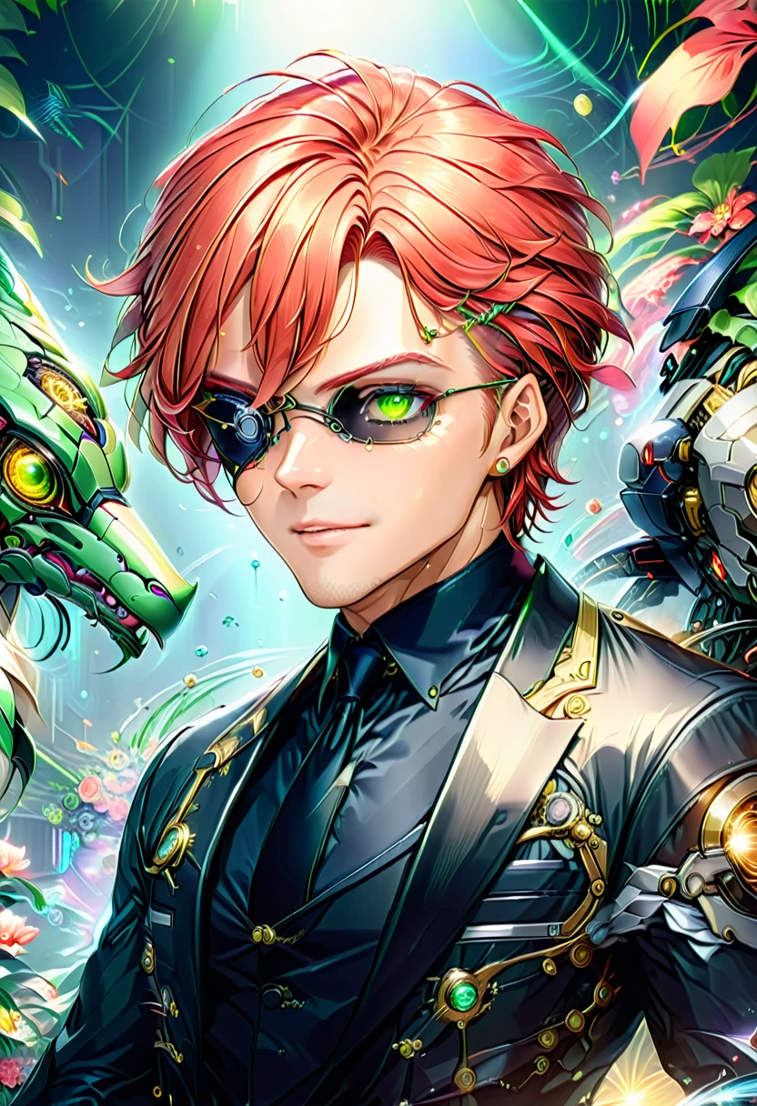 Arafed a picture of a human male spy, wearing dark suit, wearing ((mecha eye patch)), ((eye patch covering only one eye: 1.5))exquisite beautiful male, red hair, short hair, green eyes, ((the eye patch has intricate mechanical part in it: 1.4)), high society gala event background, (Masterpiece: 1.5), 16k, highres, best quality, high details, ultra detailed, masterpiece, best quality, (extremely detailed), Mechanical Creatures