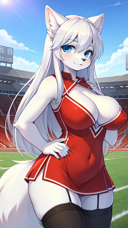 best quality, best resolution, (fluffy anthro furry), arctic fox girl, silver hair, blue eyes, (white fur), long straight hair, big breast, sophisticated manner, (red cheerleader outfit, stockings), posing, school football field 