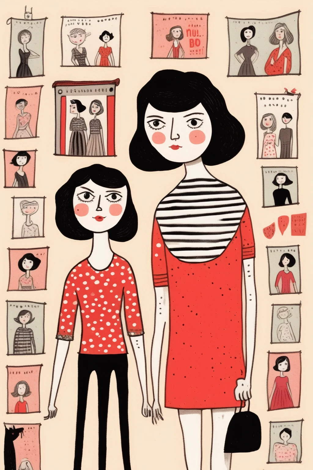 Gemma Correll Style - a middle aged woman next to a female  showing the shoulders up in the style of charming illustrations comic book in the style of Gemma Correll