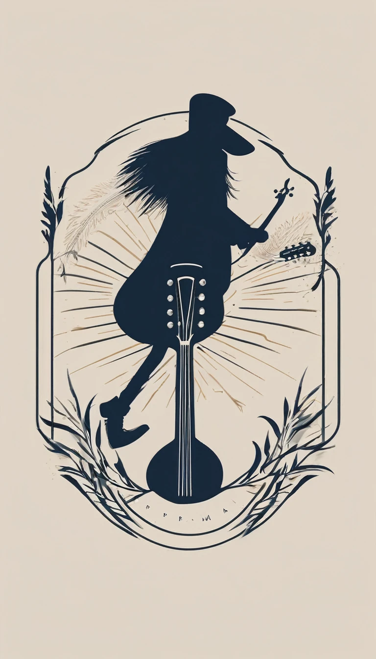 A minimal, modern, simple, cinematic logo design for the brand “Penamemoria". The logotype must be a simple, magical feather and a boy playing acoustic guitar. The logo must convey a sense of music, stories and dreams. Logo design impressed on a book cover. Minimalistic logo of a boy dissolving into a feather of dreams and memories