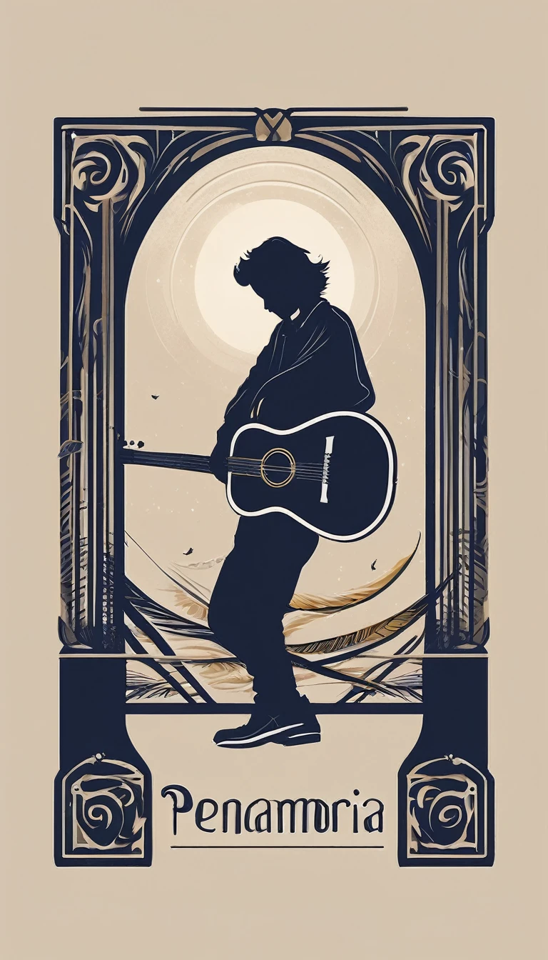 A minimal, modern, simple, cinematic logo design for the brand “Penamemoria". The logotype must be a simple, magical feather and a boy playing acoustic guitar. The logo must convey a sense of music, stories and dreams. Logo design impressed on a book cover. Minimalistic logo of a boy dissolving into a feather of dreams and memories