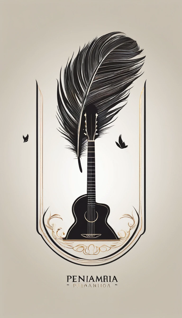 A minimal, modern, simple, cinematic logo design for the brand “Penamemoria". The logotype must be a simple, magical feather and a boy playing acoustic guitar. The logo must convey a sense of music, stories and dreams. Logo design impressed on a book cover. Minimalistic logo of a boy dissolving into a feather of dreams and memories