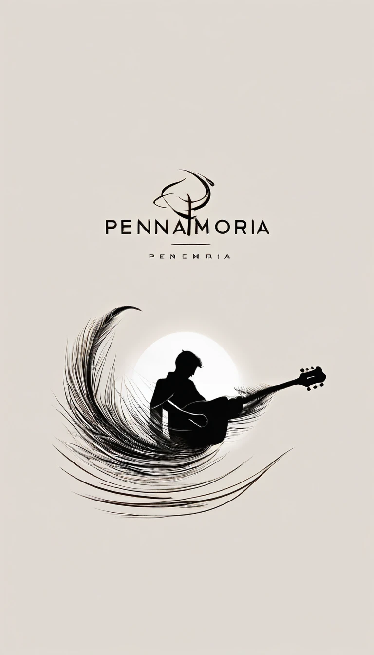 A minimal, modern, simple, cinematic logo design for the brand “Penamemoria". The logotype must be a simple, magical feather and a boy playing acoustic guitar. The logo must convey a sense of music, stories and dreams. Logo design impressed on a book cover. Minimalistic logo of a boy dissolving into a feather of dreams and memories
