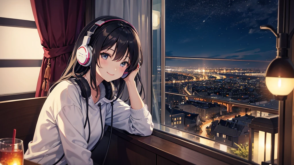 Listening to music through headphones、Smiling woman、Beautiful city from the window、Night view