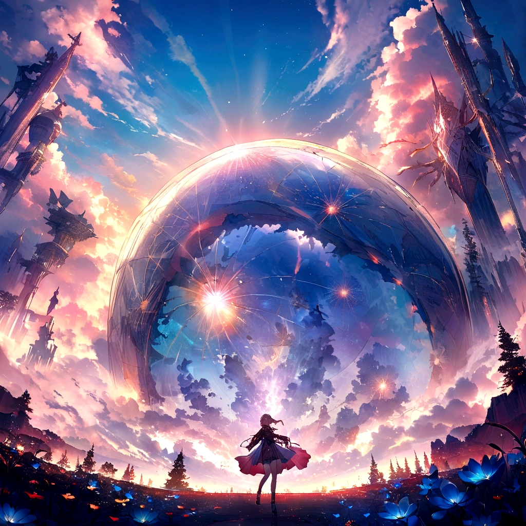 Spectacular views，Highest quality，Movie stills，One huge breasted girl，Gliding through the sky，close，Bright and brilliant，Joyful，Walden Warm Light，sunset，（Spark of Light：0.7），Futuristic world style。