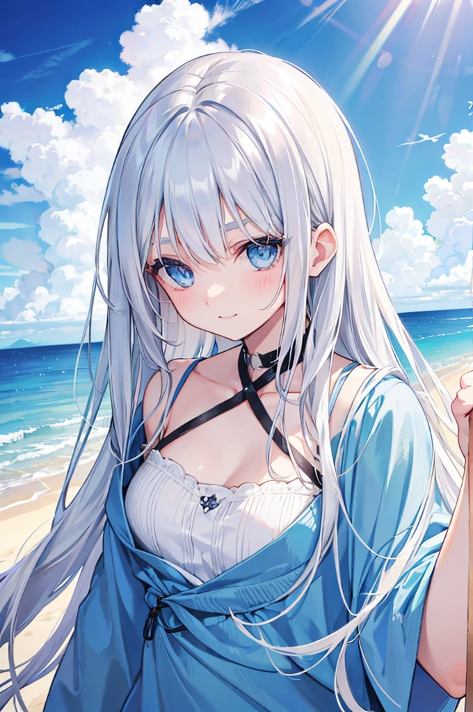 Silver Hair　Medium Hair　Light blue eyebrows　Dark blue eyes　beautiful girl　profile　blue sea　White sand beach　Light of the sun　smile