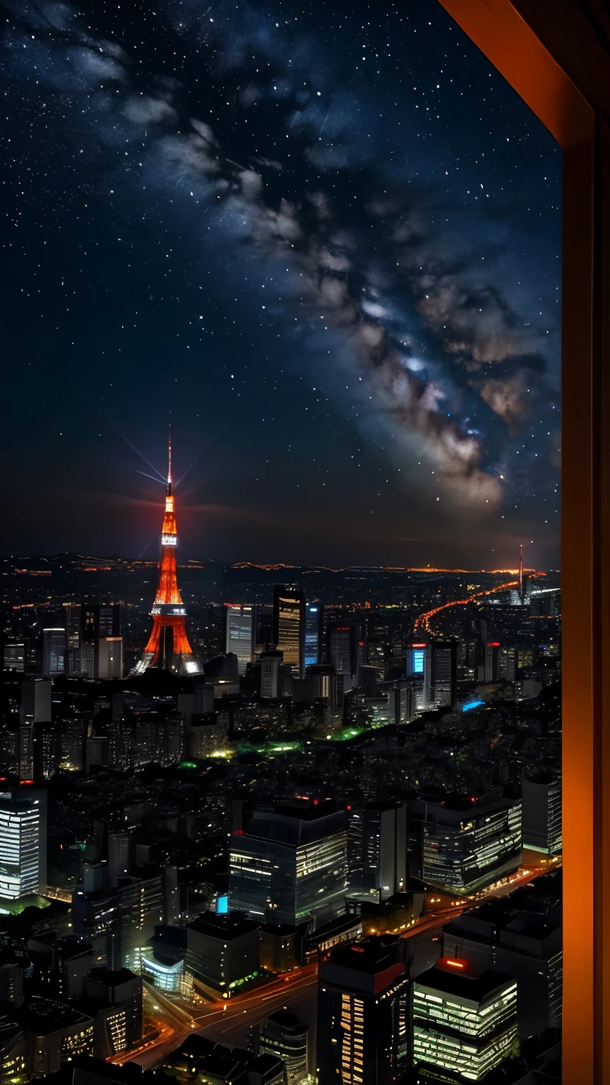 Lots of starry sky、shooting star、Tokyo Tower shines beautifully at night。Tokyo Tower is illuminated with orange light、The light shines in the night sky。There are many high-rise buildings around、The city's night view spreads out。The structure of the tower is depicted in detail.、The light is visible from afar。You can feel the quiet of the night and the hustle and bustle of the city at the same time.、