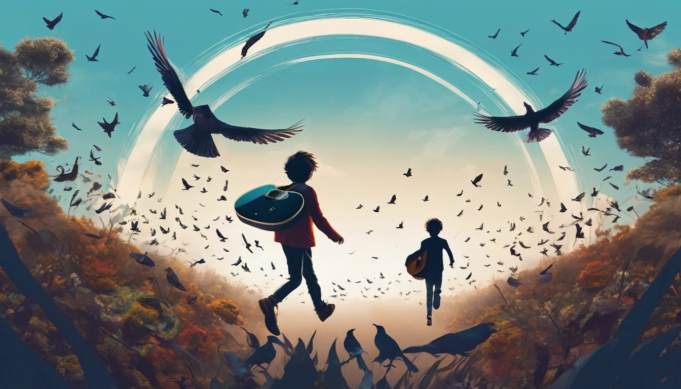 Create a professional, fantastic, cinematic Youtube Banner for a brand about music and stories called " Penamemoria". Masterpiece, 4k, sharp focus, highest quality,wide shot. The title is " Penamemoria". Is a brand about the creative, unique journey of a boy into becoming a musician storyteller. In his journey he finds inspiration in a world of birds and feathers. Minimalistic, simple, poetic, dreamy logotype at the center of the image. The Background image is a world full of fantastic feathers, unique birds, light blue sky, and a boy running happily into the horizon with an acoustic guitar in his right hand. Boy running against the wind, almost simulating like he is flying