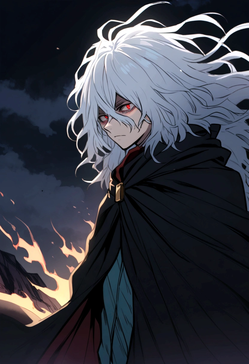 tomura_shigaraki, white hair, red eyes, long hair, messy hair, cloak, cape