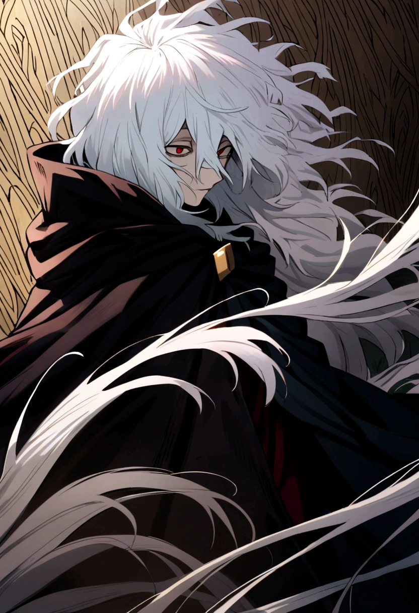 tomura_shigaraki, white hair, red eyes, long hair, messy hair, cloak, cape