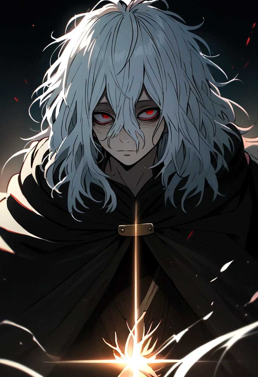 tomura_shigaraki, white hair, red eyes, long hair, messy hair, cloak, cape