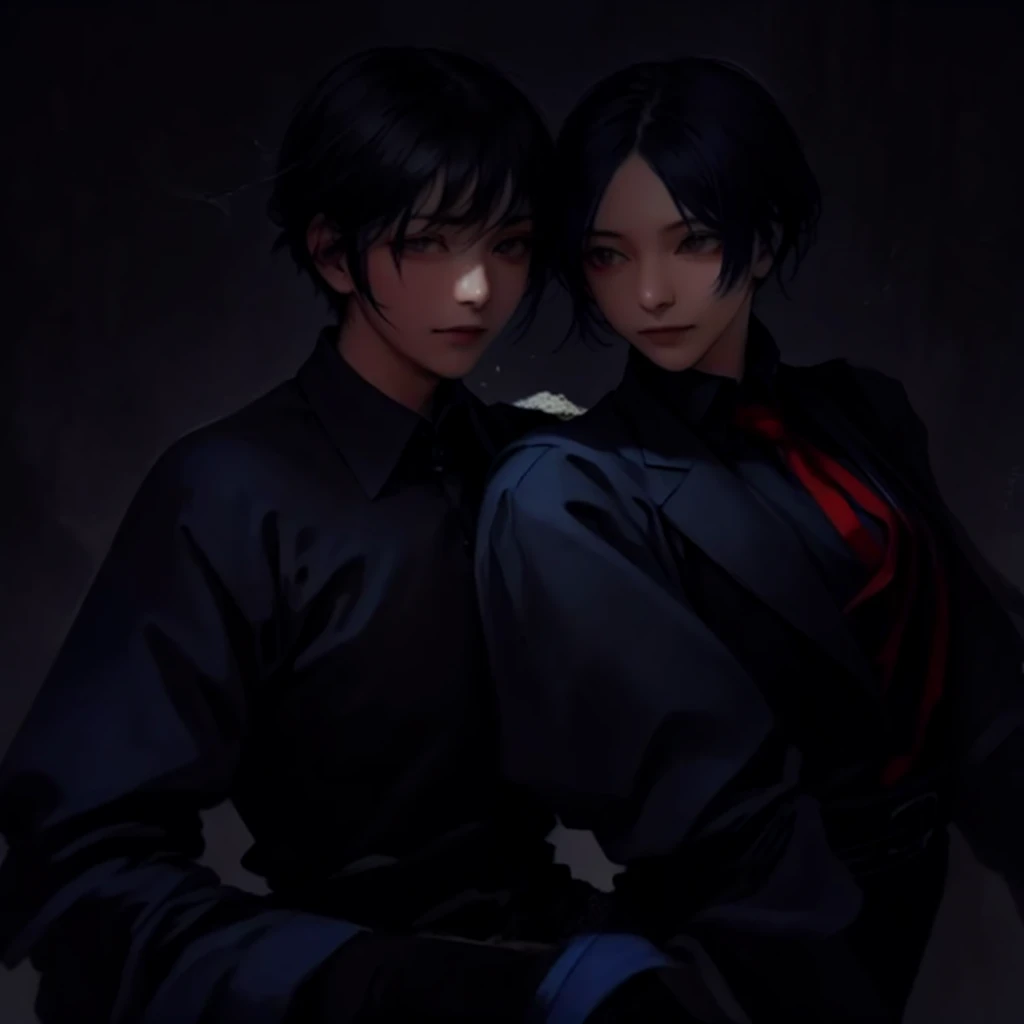 blue,housekeeper,Dark,loyal,male,short hair,juvenile,red eyes,blueshort hair,Dark blue suit,Alone,bow,look up,Smile,Bright background