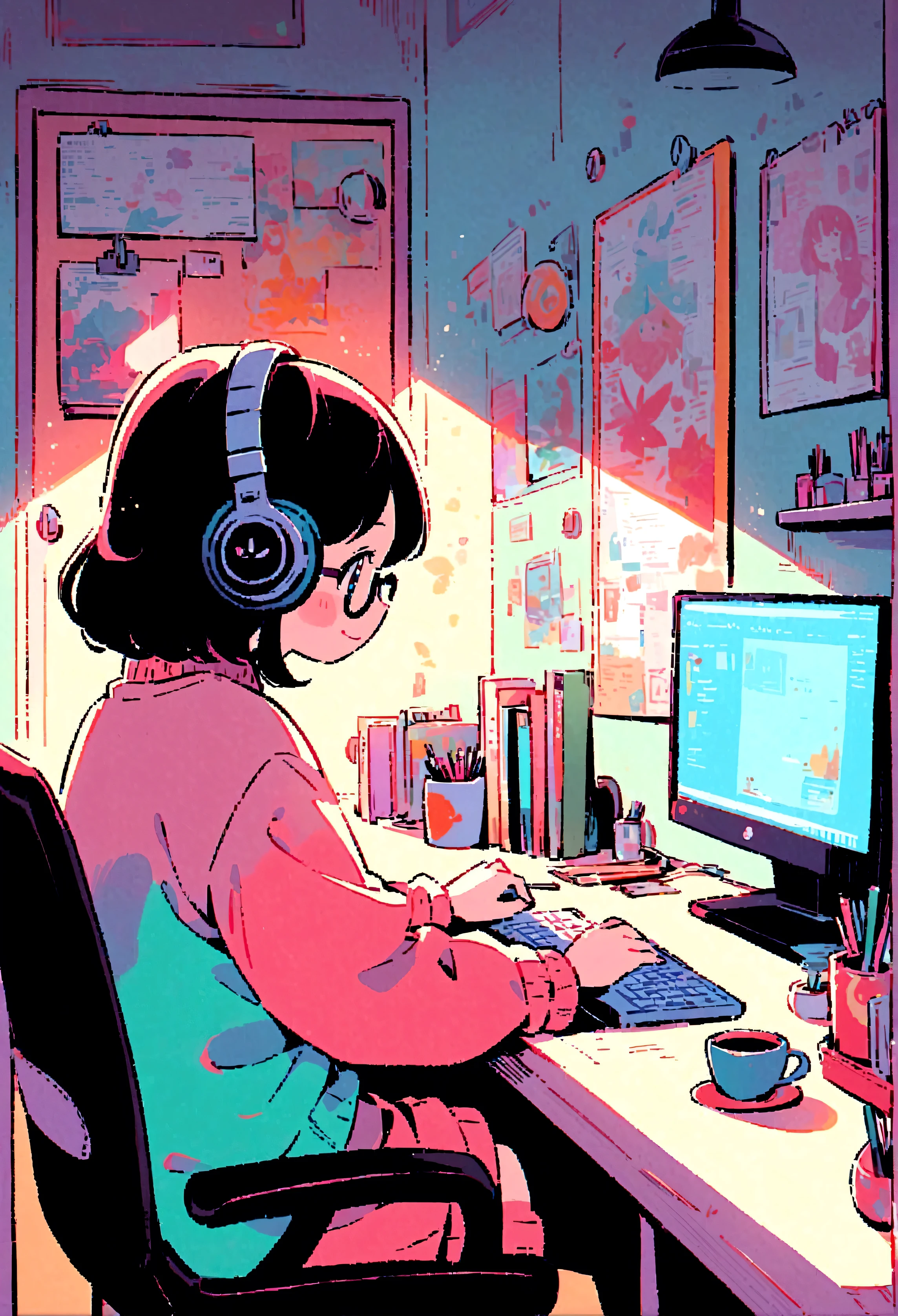 Girl working on a PC,Lo-fi atmosphere,Quiet and relaxing environment,Cozy rooms with warm lighting,Illustration in vintage style,Soft and calming colors,Cute anime style characters,Modern monitor and keyboard,Over-Ear Headphones,Coffee Mugs,Bob hair and round glasses,smile with rosy cheeks,A keyboard with colorful keycaps,Potted plant on the desk,fairy lights on background,Artistic posters on the wall,Soft sunlight streaming through the window,Quiet and peaceful environment,Stimulating and creative atmosphere,Retro aesthetic vibe,Relaxing music playing in the background,Comfortable chair and ergonomic setup,A desk covered with artistic notebooks and stationery,Stylish and unique desktop wallpapers,A bookshelf filled with books and records,A unique creative workspace,neatly organized desk,Inspirational quotes on the wall,A soothing lavender scented candle,Cheerful and cheerful personality,Positive and focused mindset,Expression of joy and satisfaction,Beautiful and delicate eyes and lips,feel happy and productive,Increase motivation to complete tasks,Attention to detail in every stroke,Imagination and creativity in her work,An artistic atmosphere that inspires others.