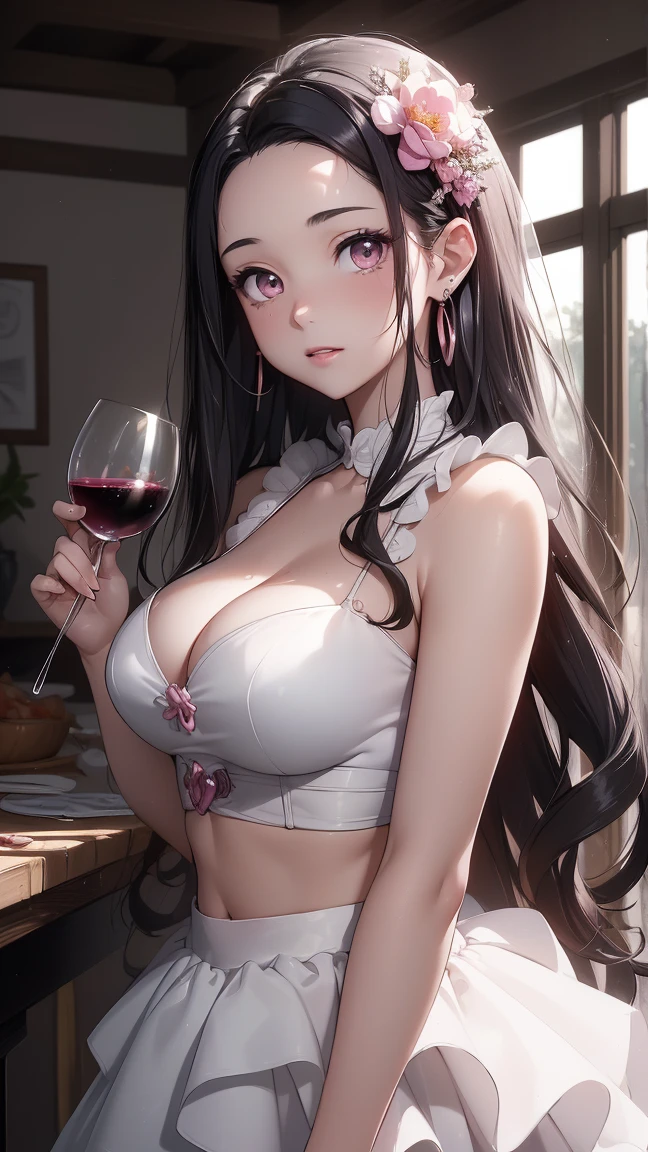 ((masterpiece, best quality:1.2), solo, 1girl, Nezuko Kamado, Demon slayer, black hair, pink eye, looking at viewer, earrings, midriff, official art, extremely detailed CG unity 8k wallpaper, perfect lighting, (masterpiece:1.0),(best_quality:1.0), ultra high res,4K,ultra-detailed, photography, 8K, HDR, highres, absurdres:1.2,, bokeh:1.2, lens flare, (vibrant_color:1.2),(beautiful_face:1.5),(narrow_waist),(perfect hands, perfect anatomy), breasts, wedding dress, wedding dress, gala dinner, holding a glass of wine
