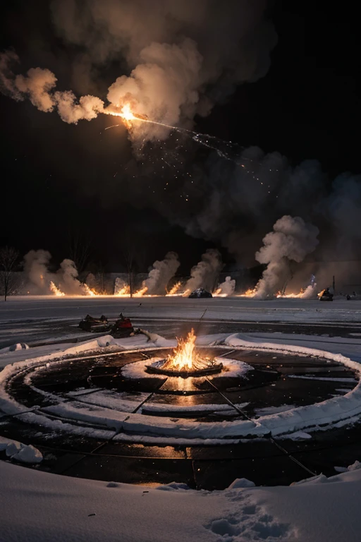 rapid raging fires in a circle on an icy battlefield.