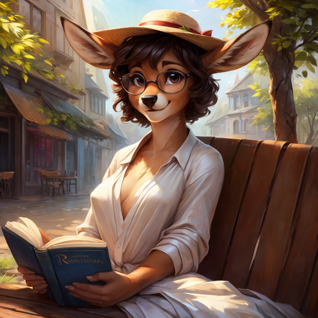 uploaded on e621, by Pixelsketcher, by Bayard Wu, by Thomas Benjamin Kennington , by Einshelm, by hioshiru and kenket, Chunie, portrait, solo anthro female deer doe, tiny featureless breasts, tiny breasts, clear dark blue, cinematic lighting, day, sunny day, sitting outside at a café, Cafe Background, french background, old french background, shiny, short curly dark brown hair, short hair, wears big black nerd glasses, very very beautiful furry art, furry art, thoughtful, shiny, feminine, cute face, muzzle, fluffy chest, flawless face, Fallow deer, 1girl, Sakimichan is beautiful, Masterpiece, Wavethesallow Face, shiny, Detailed image, portrait, Detailed image, portrait, wears pure white wide, big blouse, wears beige summer straw hat, shiny, realistic face, perfect anatomy, hourglass body, anthropomorphic deer, happy, very happy, small ears, huge black nerd glasses, wide happy eyes, look at viewer, smiles, big smile, holds with both hands a book, hourglass body, (furry body:1.1), anthropomorphic deer, reading a book, small fluffy tail, detailed background, (cute anatomy:1.1)