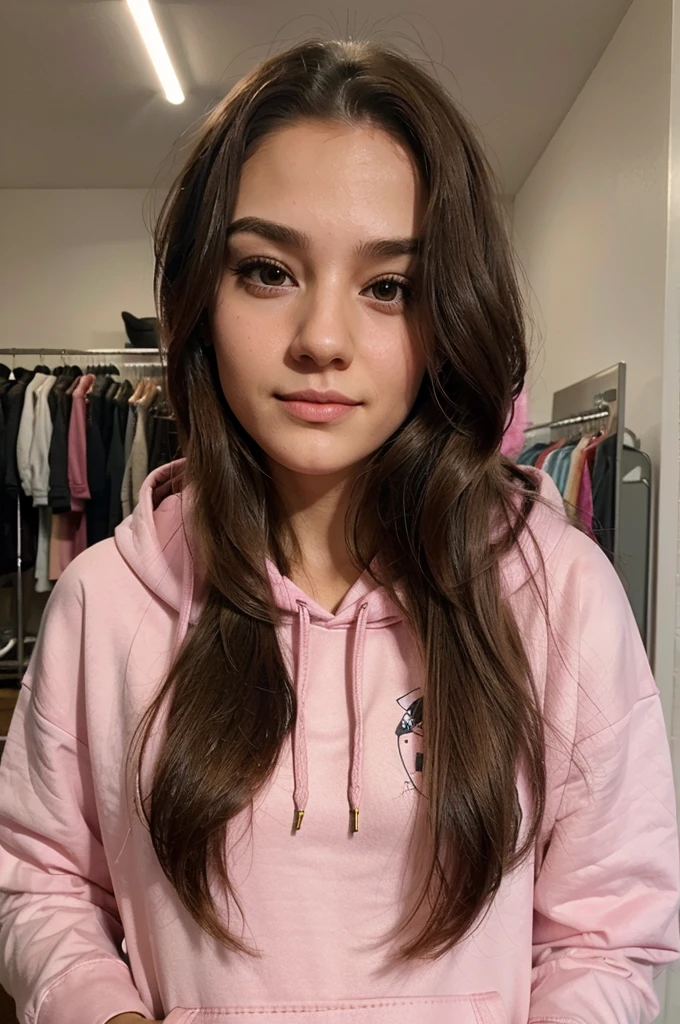 make a caricature of a beautiful girl with long hair, a big head, wearing a pink hoodie and short jeans
