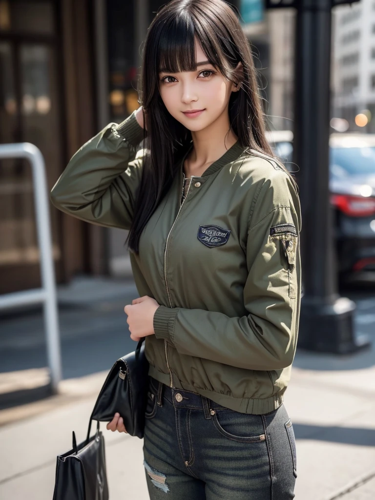 (8k, RAW Photos, Highest quality, masterpiece:1.2), (Realistic, photo-Realistic:1.4), (Highly detailed 8K wallpapers), ((Full Body Shot)), (1 girl), Sharp focus, Depth of written boundary, Cinematic lighting, Soft Light, 緻密な美しさのeye, eye_Chan, Very beautiful 17 year old girl, innocent big eyes, Realistic, photo Realistic, Highly detailed cute girl, (Thin thighs), (Model Body Type), 18-year-old, ((Khaki flight jacket)), (Black T-shirt), (Distressed vintage long denim pants), (((Fold your arms in front of your chest and act arrogantly))), ((A happy smile)), Parted lips, Watching the audience, (On the streets of New York) , (Black Hair),（Long Bob Hair), (Asymmetrical bangs)