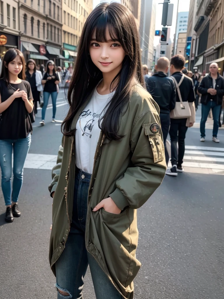 (8k, RAW Photos, Highest quality, masterpiece:1.2), (Realistic, photo-Realistic:1.4), (Highly detailed 8K wallpapers), ((Full Body Shot)), (1 girl), Sharp focus, Depth of written boundary, Cinematic lighting, Soft Light, 緻密な美しさのeye, eye_Chan, Very beautiful 17 year old girl, innocent big eyes, Realistic, photo Realistic, Highly detailed cute girl, (Thin thighs), (Model Body Type), 18-year-old, ((Khaki flight jacket)), (Black T-shirt), (Distressed vintage long denim pants), (((Fold your arms in front of your chest and act arrogantly))), ((A happy smile)), Parted lips, Watching the audience, (On the streets of New York) , (Black Hair),（Long Bob Hair), (Asymmetrical bangs)