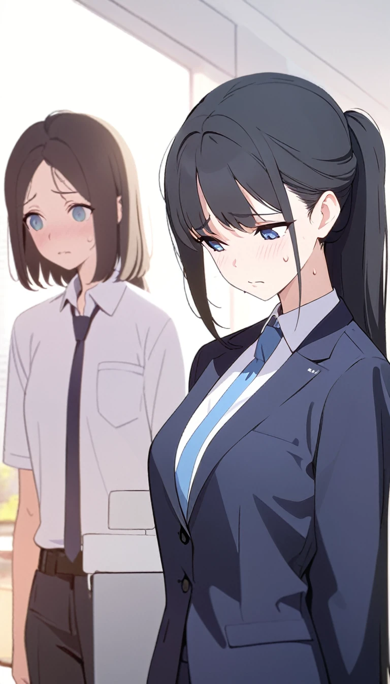 (masterpiece, high quality, best quality, highres,) One Woman, young, black hair, ponytail, Blue Eyes, Athletic build, nervous, closed mouth, shirt, office staff suit, Simple, white background, standing, cowboy shot, (shoot from front),