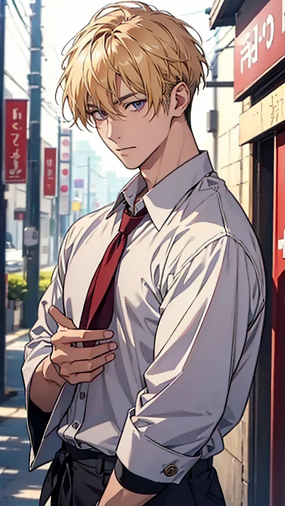 Japanese, Asian face, male, college student, blonde, waxed hair, shirt, branded clothes, upper body,
