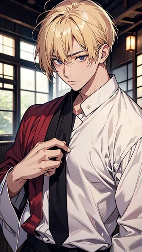 Japanese, Asian face, male, college student, blonde, waxed hair, shirt, branded clothes, upper body,