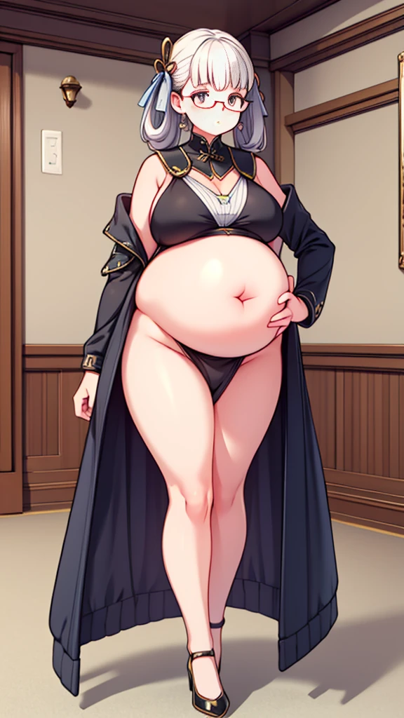 (Full body, glasses), An image of a pregnant girl with her belly on full display. She is a very voluptuous lady