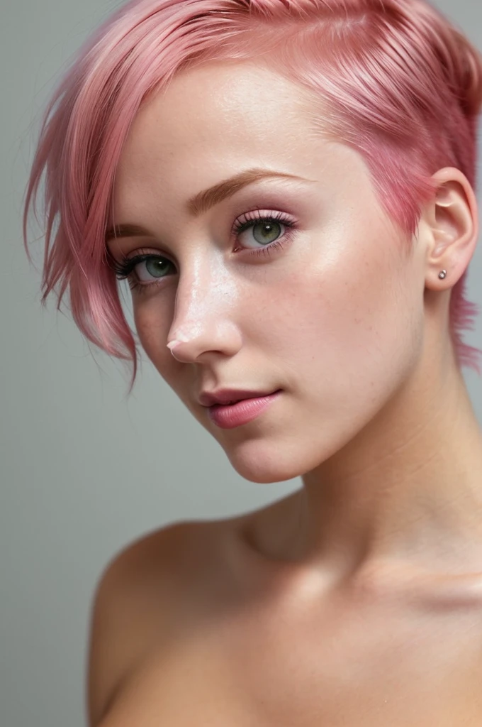 color photograph, close-up, ((a realistic photo of a beautiful short pink hair girl)), (milalc), light, ((glowy skin)), looking_at_viewer, (fit body:1.0), ((medium breasts)), high ponytail, detailed illustration, masterpiece, high quality, realistic, very detailed face,