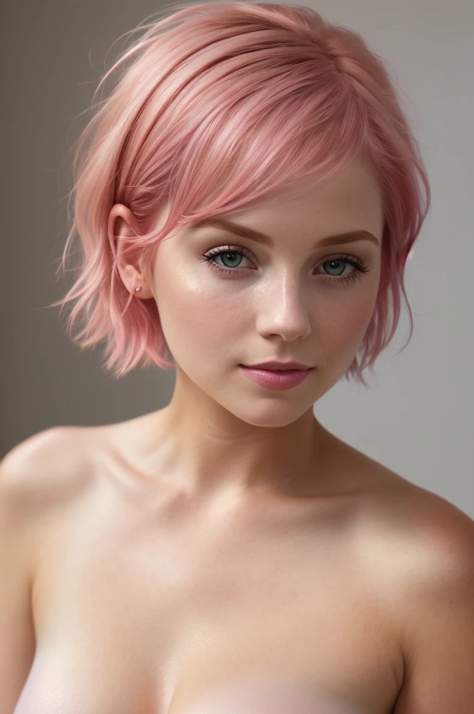 color photograph, close-up, ((a realistic photo of a beautiful short pink hair girl)), (milalc), light, ((glowy skin)), looking_at_viewer, (fit body:1.0), ((medium breasts)), high ponytail, detailed illustration, masterpiece, high quality, realistic, very detailed face,