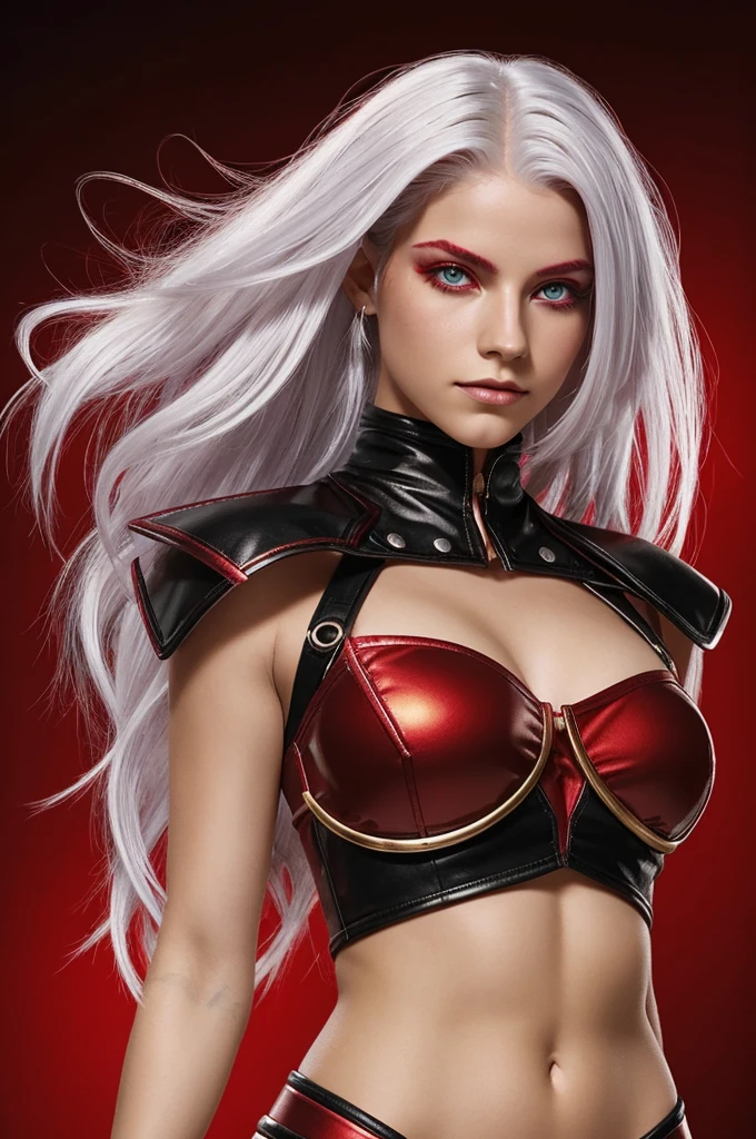 A girl with platinum white hair with red tips, hip-length wavy hair, crimson red eye color with golden pigments, height 1.70 ropa sexi negra cuerpo completo raza zorro