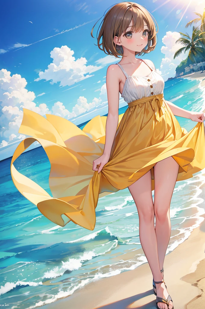 Light brown hair　Short Bob　Bun Hair　Brown eyes　beautiful girl　profile　Yellow dress　blue sea　White sand beach　Light of the sun　smile