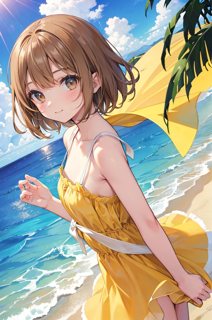 Light brown hair Short Bob Bun Hair Brown eyes beautiful girl profile Yellow dress blue sea White sand beach Light of the sun smile