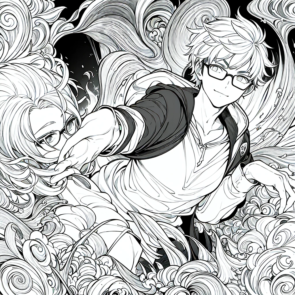 masterpiece, best quality, glasses, man, Serious look, casual hoodie, boy, ( There is only one person ), smile, black flames around, ( Close to the face )