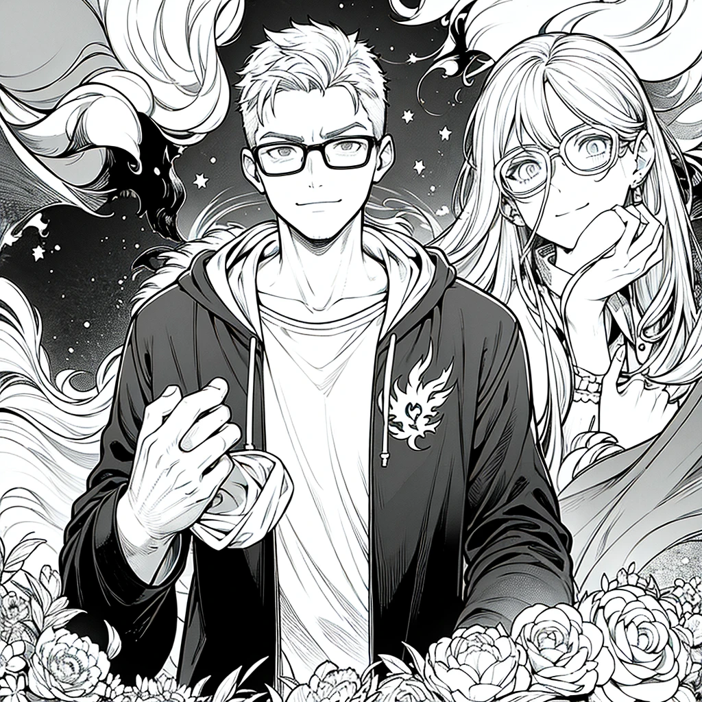 masterpiece, best quality, glasses, man, Serious look, casual hoodie, boy, ( There is only one person ), smile, black flames around, ( Close to the face )