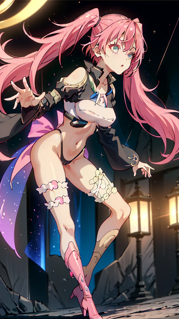 Masterpiece、最high quality、high quality、High definition、High resolution、High detail、Lens flare、Ray Tracing、high qualityなテクスチャー、high qualityな影、Beautiful details、Detailed explanation、Detailed texture、Realistic facial expression、Realistic and colorful、Delicate、Cinematic Light、Side light、Sharp Focus、(1 Female:1.3)、(Intricate detailakeup、Pure Eros Face_v1:0.5)、(Details Beautiful delicate face、Detailed beautiful delicate eyes、Perfect Facial Proportions、Detailed skin、Charm)、Fancy Twin Tails、Beautiful bangs、(Pink hair and two-tone gradient hair)、slender、(Large upward-facing breasts)、(Detailed crotch、V-Cut、High Leg、Thong)、Thighs、Removing the Sleeve、boots、Provocative attitude、Release your knees、Leg spread、Raise your arms、Low-angle composition、(Take a deep breath、Work on this image step by step)